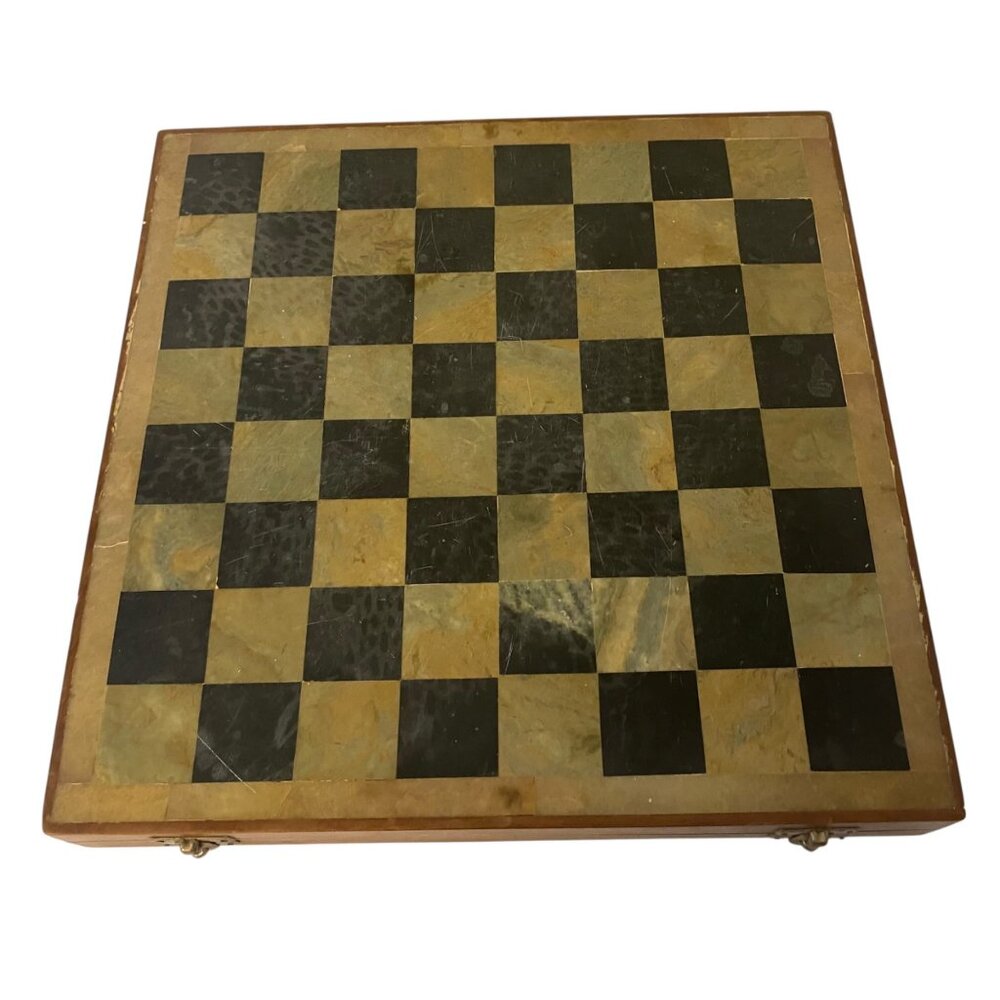 Vintage Stone Chess Set Marble‎ Inlay Board Carved Pieces Folding Storage READ